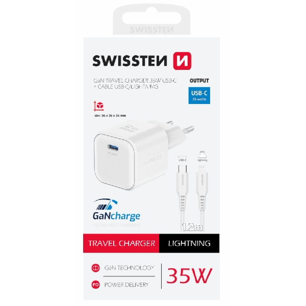 SWISTEN síťový adaptér 1x USB-C 35 W PD, bílý + datový kabel USB-C/lightning 1,2 m, bílý