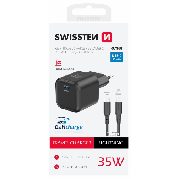 SWISTEN síťový adaptér 1x USB-C 35 W PD, černý + dátový kabel USB-C/lightning 1,2 m, černý