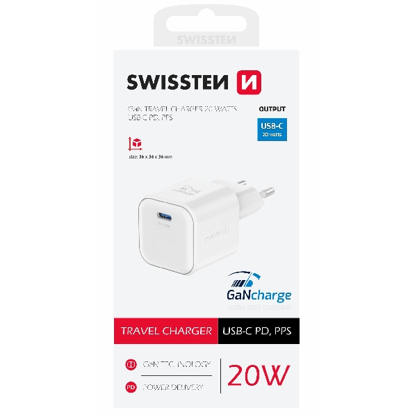 SWISTEN síťový adaptér GaN 1x USB-C 20 W PD, bílý