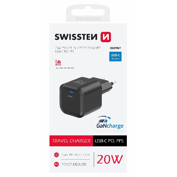 SWISTEN síťový adaptér GaN 1x USB-C 20 W PD, černý