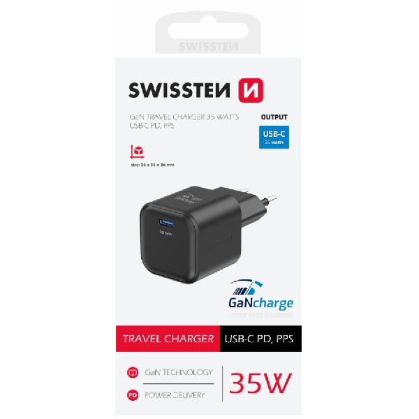 SWISTEN síťový adaptér GaN 1x USB-C 35 W PD, černý