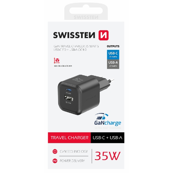 SWISTEN síťový adaptér GaN 1x USB-C 35 W PD + 1x USB-A 27 W QC, černá