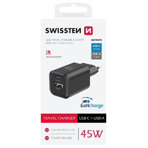 SWWISTEN síťový adaptér GaN 1x USB-C 45 W PD + 1x USB-A 18 W QC, černý