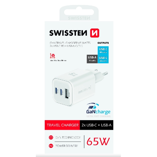 SWWISTEN síťový adaptér GaN 2x USB-C 65 W PD + 1x USB-A 18 W QC, bílý