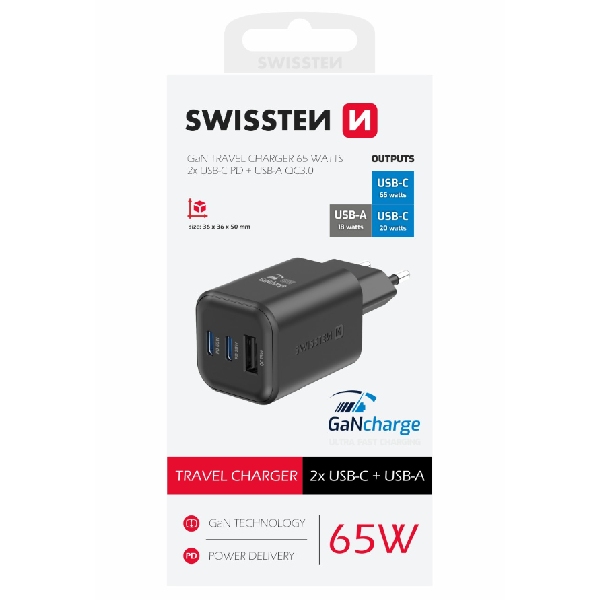 SWWISTEN síťový adaptér GaN 2x USB-C 65 W PD + 1x USB-A 18 W QC, černý