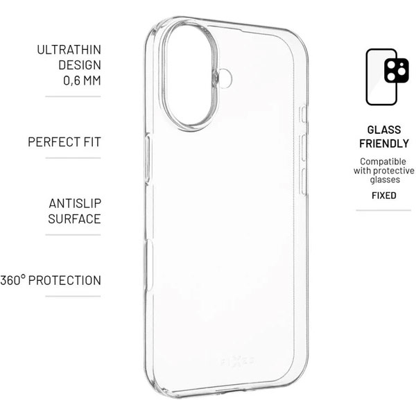 FIXED TPU Skin Ultratenké gelové pouzdro pro Apple iPhone 16, 0,6 mm, transparentní