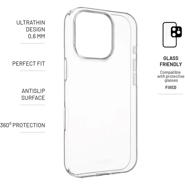 FIXED TPU Skin Ultratenké gelové pouzdro pro Apple iPhone 16 Pro, 0,6 mm, transparentní