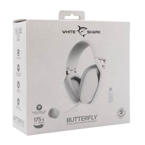 White Shark bezdrôtové herné slúchadlá BUTTERFLY, pre PC, PS4/5, XBOX, MAC, biele