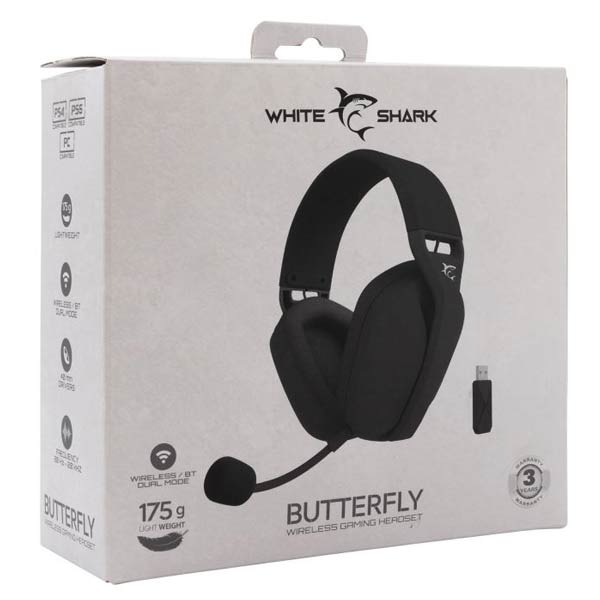 White Shark bezdrátové herní sluchátka BUTTERFLY, pre PC, PS4/5, XBOX, MAC, černé