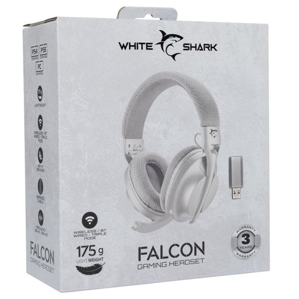 White Shark bezdrátové herní sluchatka FALCON, PC, PS4/PS5, Xbox, MAC, bílé