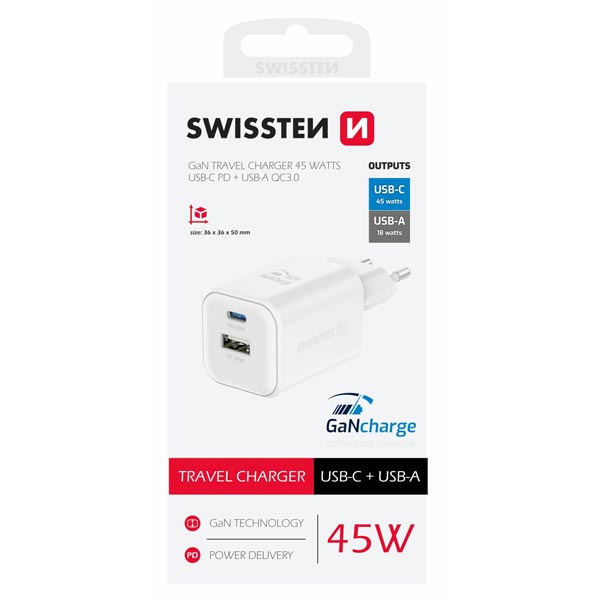 SWISSTEN GaN síťový adaptér 1 x USB-C 45 W PD a 1 x USB-A 18 W QC