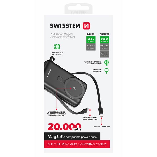 SWISSTEN Powebanka 20000 mAh PD 20 W s integrovaným USB-C a Lightning kabelem (kompatibilné s MagSafe)