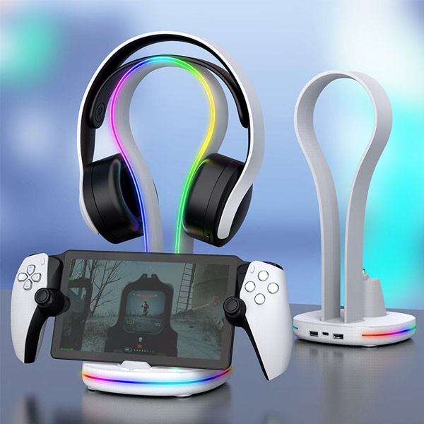 iPega P5P23 Nabíjecí dock s RGB pro PlayStation Portal Remote Player s držákem na sluchátka, bílý