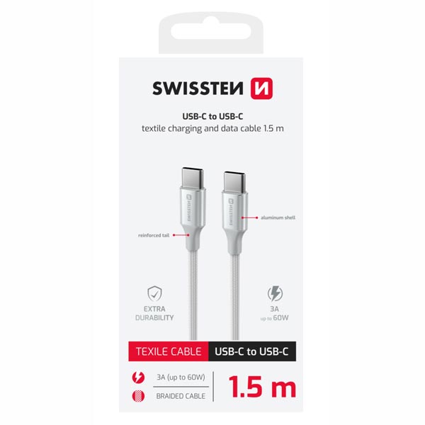 Swissten dátový kábel Textile II USB-C / USB-C 1,5 m, biely