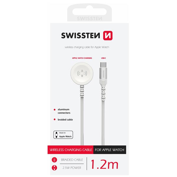 Swissten opletený magnetický kábel pre Apple Watch kovový, USB-C, 1,2 m, biely