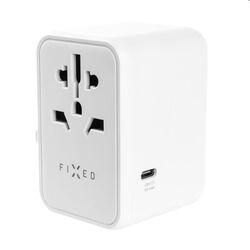 FIXED Travel adapter for EU, UK and USA/AUS, with 3xUSB-C and 2xUSB output, GaN, PD 65W, white, vystavený, záruka 21 mes na playgosmart.cz