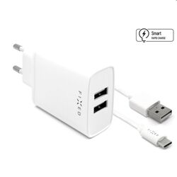 FIXED Travel Charger Smart Rapid Charge with 2 x USB,15W + Data Cabel USB/USB-C 1m, white - OPENBOX (Rozbalené zboží  s plnou zárukou) na playgosmart.cz